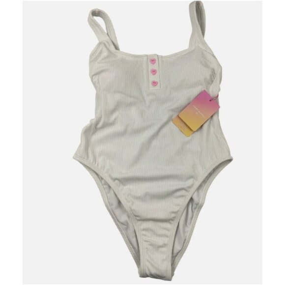 Stoney Clover Lane One Piece Swimsuit White Henley Heart Button Size XS - Picture 1 of 7